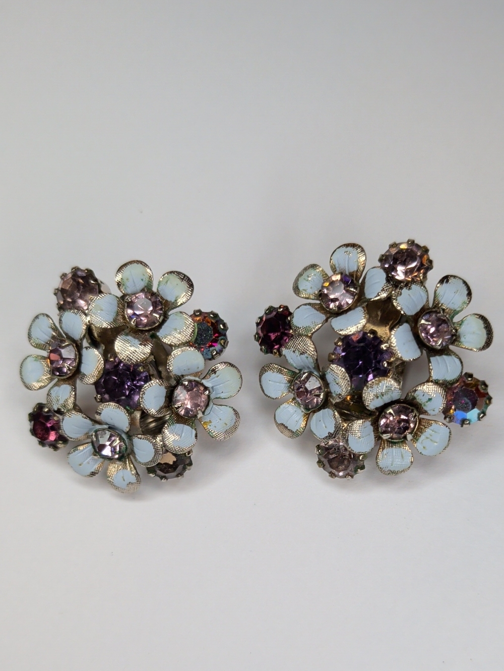 Vintage 50s Weiss Enamel Cluster Flower Earrings Lavender Blue Ab Crystal MCM